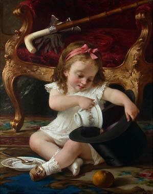 Luigi Crosio Das Kind leert eine Tasse in den Hut aus. oil painting image
